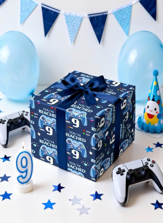 LeZakaa 9th Birthday Wrapping Paper Roll for Kids Boys, Level 9 Game Controller & Pixel Icons Blue Age9 Birthday Gift Wrap, Gamer Party Decorations, Mini Roll 17 in x 16.4 Ft - Image 4